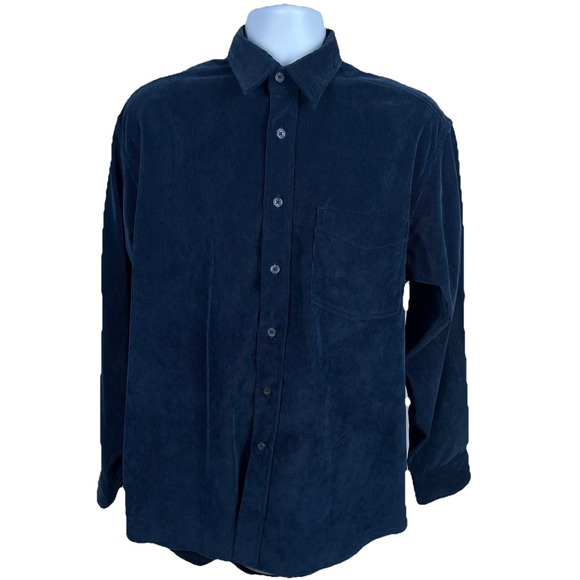 Vintage‎ 90s Corduroy Shirt Men's Medium Dark Blue Basic Options Long Sleeve - Picture 2 of 8